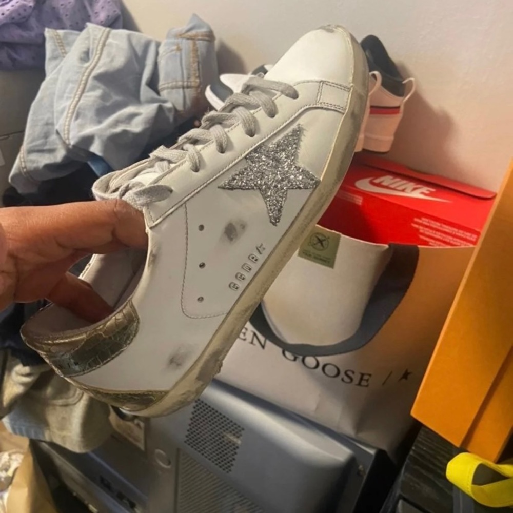 Golden Goose White Sneakers with Silver Glitter Star